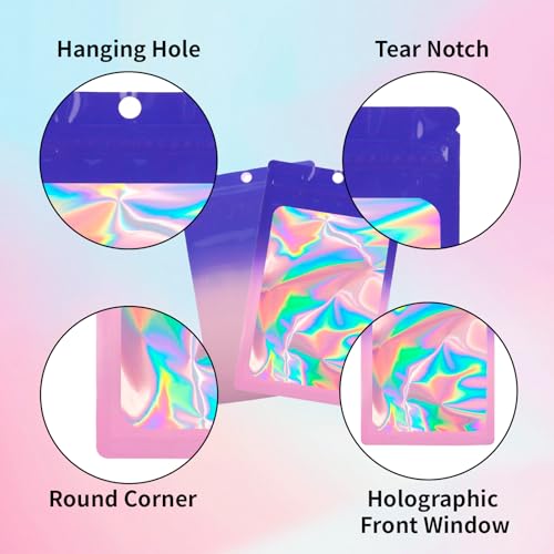 200 Pack Resealable Mylar Holographic Bags Food Storage Smell Proof Bags with Front Window Foil Packaging Pouch for Candy Sample Jewelry Small Business 4.13×5.91 Inch (200 Count)
