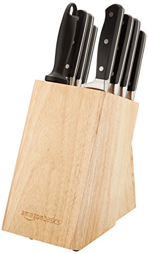 9-Piece High-Carbon Stainless Steel Kitchen Knife Set with Ergonomic Handles, Full Tang Construction, Pine Wood Block, Black (9 Count)
