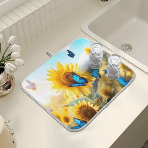 Blooming Sunflowers Blue Butterfly03 Dish Drying Mat for Kitchen Counter Absorbent Microfiber Large Drying Pad Dish Mats for Kitchen Countertops 18 x 24 Inch