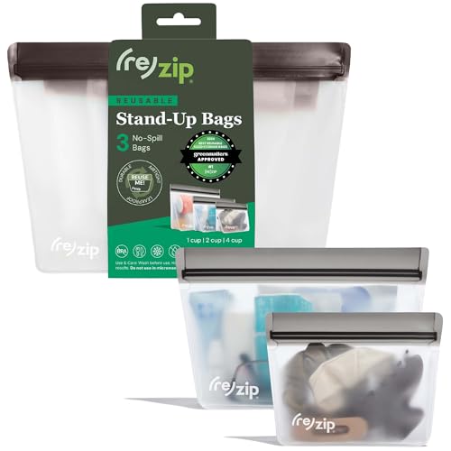 re) zip Reusable Stand-Up Food Storage Bags, Leakproof, 3-Piece, Gray