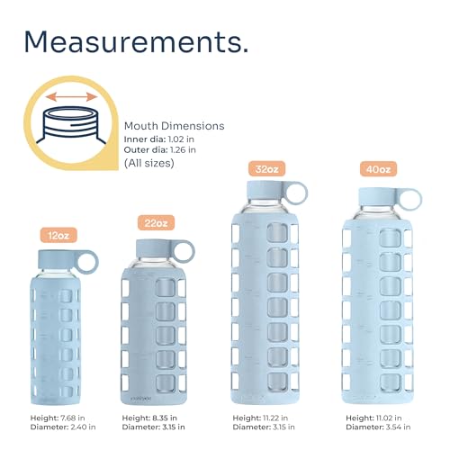 40oz / 32oz / 22oz / 12oz Borosilicate Glass Water Bottle with Time & Volume Markers, Silicone Sleeve, Stainless Steel Lid | Reusable Glass Bottle for Water & Juice (22oz Ice Blue)
