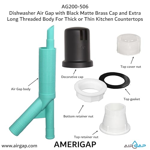 Dishwasher Air Gap with Skirted Black Matte Brass Cap and Extra Long Threaded Body for Thick or Thin Kitchen Countertops
