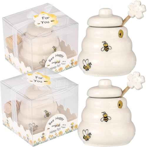 Ceramic Bee Happy Honey Pot with Dipper (12 Count)