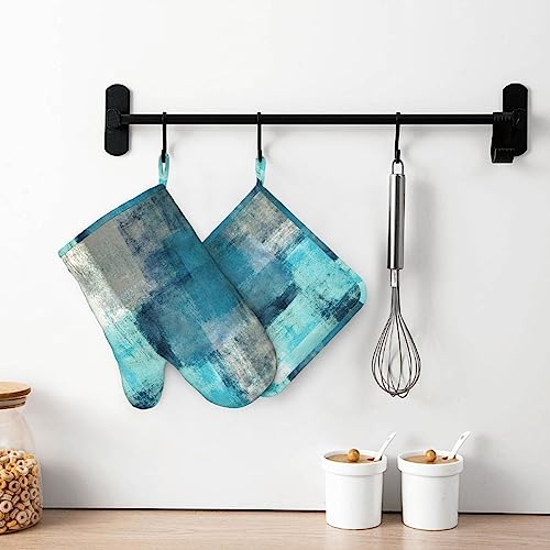Modern Art Abstract Gery Turquoise Oven Mitts and Pot Holders Sets Silicone Turquoise Kitchen Mitts Potholders Heat Resistant 4Pcs Teal Oven Gloves Hot Pads for Kitchen Baking Cooking BBQ (4 Count)