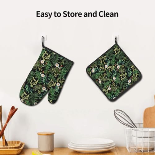 Green Botanical Oven Mitts and Pot Holder Kitchen Accessories Sets Fern Leaves Heat Resistant Baking Cooking Oven Gloves Washable Potholder