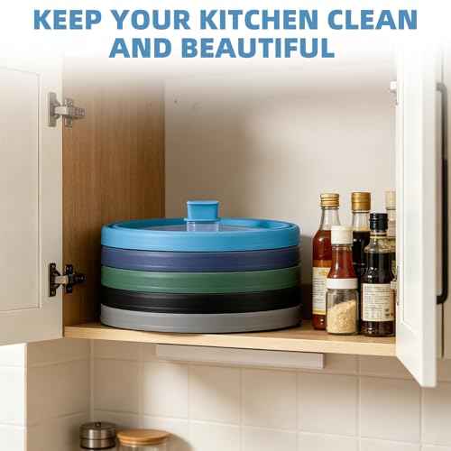 Tall Microwave Splatter Cover Glass Cover Guard Lid 5.8 inch Height with Collapsible Silicone for Food Pot Plate 10.5 inch Blue
