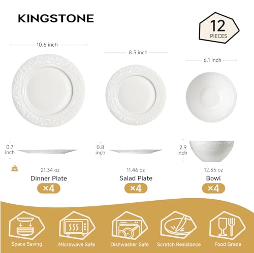 12Pcs Vintage Relief White Bone China Set