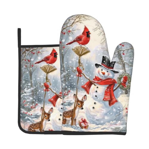 Winter Snowman Oven Mitts and Pot Holder Set of 2 Red Bird Berry Decorative Oven Gloves Heat Resistant Kitchen Hot Pads for Baking Cooking