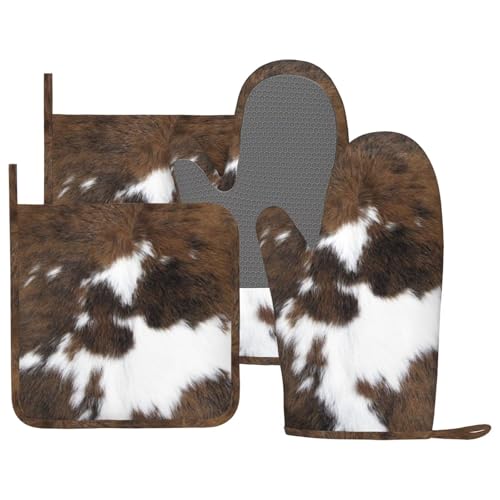 Cow Print Oven Mitts and Pot Holders Set of 4 Silicone Brown Cowhide Kitchen Mitten Gloves and Non