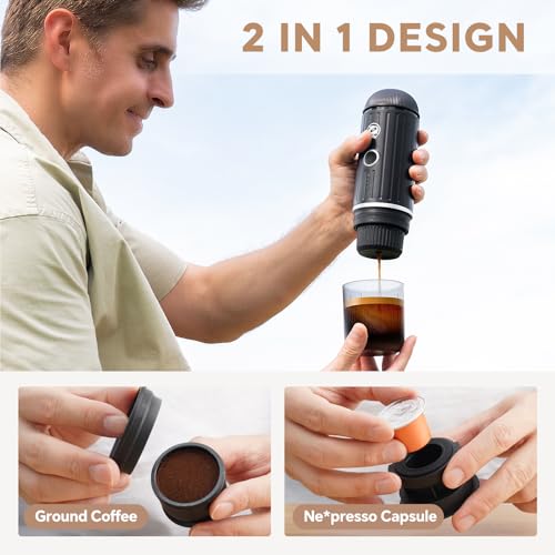 2-in-1 Portable Espresso Maker For Nespresso Pod＆Ground,Black (2.7 Ounce)