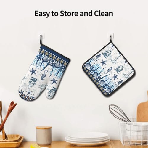 Nautical Sailboat Oven Mitts and Pot Holder Set of 2 Ocean Starfish Heat Resistant Oven Glove Washable Potholder for Kitchen Cooking Baking