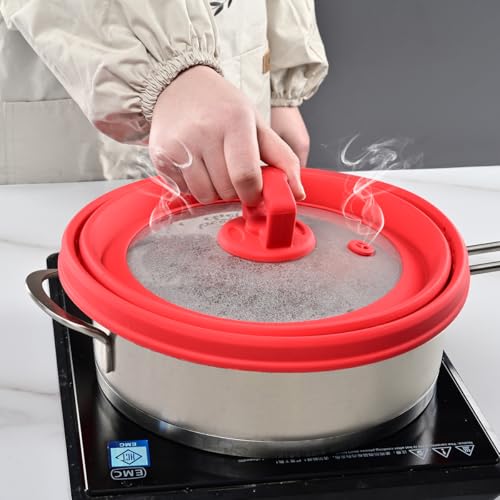 Tall Microwave Splatter Cover Glass Cover Guard Lid 7 inch Height with Collapsible Silicone for Food Pot Plate 12.5 inch Red
