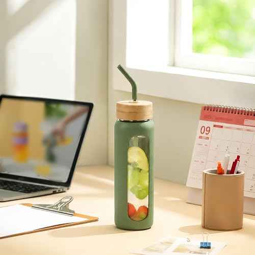 32 oz Glass Water Bottle with Straw and 2 Lids