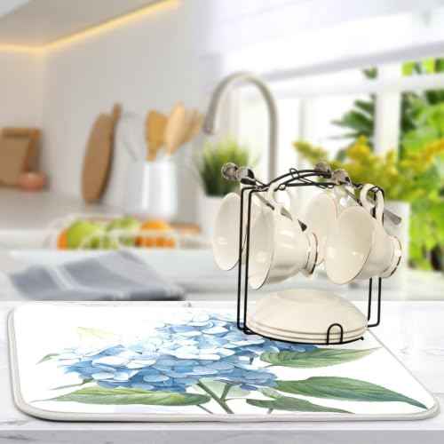 Blue Hydrangeas Flower Dish Drying Mat for Kitchen Counter Absorbent Microfiber Drying Pad