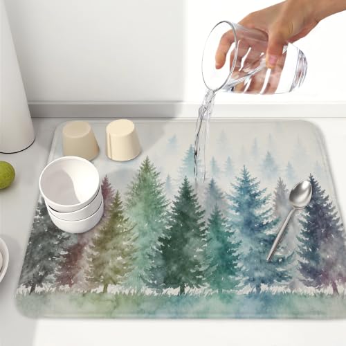Pine Tree Dish Drying Mat Natural Forest Fog Microfiber Dishes Pad 16x18 Inch Absorbent Fast Dry Dish Drainer Rack Mats for Kitchen Counter