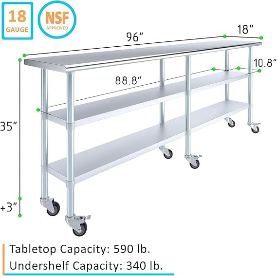 Stainless Steel Work Table with 2 Shelves and Casters