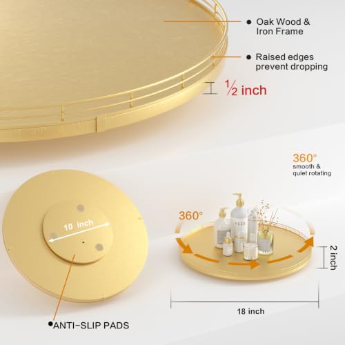 18 Inch Oak Lazy Susan Organizer with Gold Metal Rail