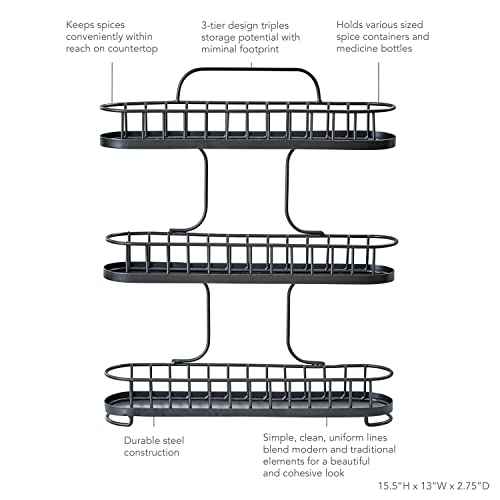 Yumi Small Three Tier Spice Rack Black for Countertop Cabinets Cupboards Kitchens
