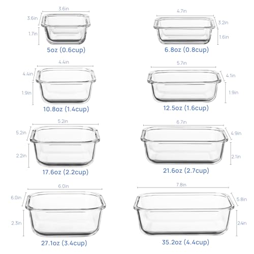 8 Pack Glass Food Storage Containers with Airtight Lids (8 Count)