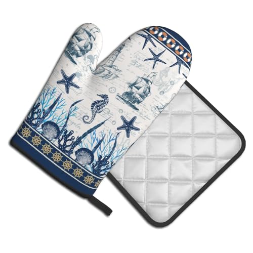 Nautical Sailboat Oven Mitts and Pot Holder Set of 2 Ocean Starfish Heat Resistant Oven Glove Washable Potholder for Kitchen Cooking Baking