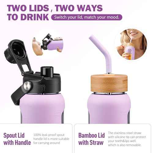 32 oz Glass Water Bottle with Straw and 2 Lids