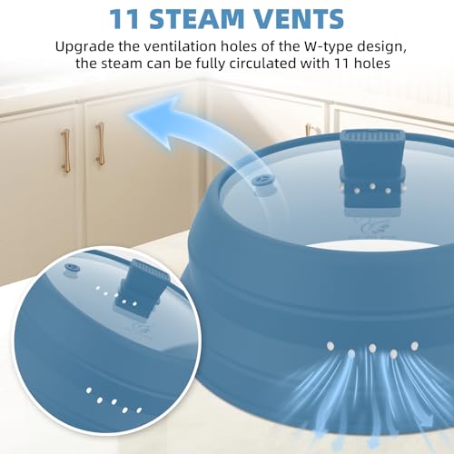 Tall Microwave Splatter Cover Glass Cover Guard Lid 6 inch Height with Collapsible Silicone for Food Pot Plate 12.5 inch Blue