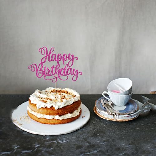 1 PCS Happy Birthday Cake Topper Glitter Happy Birthday Cake Pick for Celebrating Happy Anniversary Party Cake Decorations Supplies Rose Red