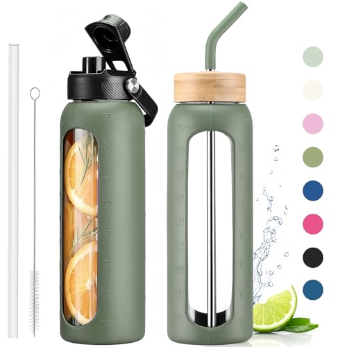 32 oz Glass Water Bottle with Straw and 2 Lids