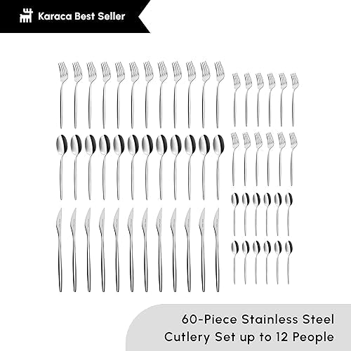 Lizbon - 18/10 Stainless Steel Silverware Set for 12, 60 Piece Heavy Duty Flatware Set, Dishwasher Safe Modern Cutlery incl. Kitchen Forks, Spoons, Knives Eating Utensils Sets - Platin