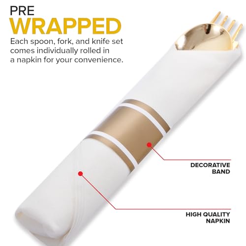 400PCS Pre Rolled Gold Plastic Silverware Set Heavy Duty for Wedding (400 Count)