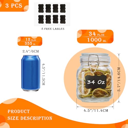 34oz Square Glass Food Storage Jars with Airtight Clamp Lids 3 Pack (3 Count)