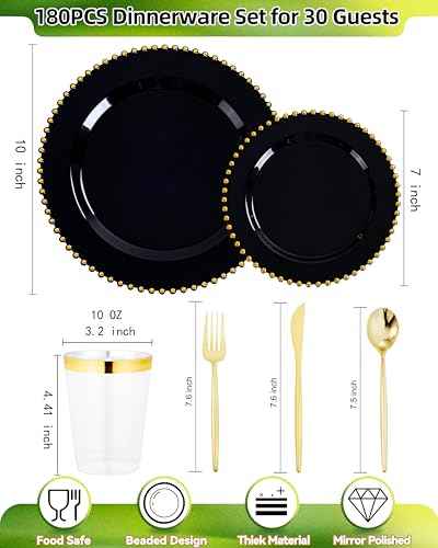 180PCS Black and Gold Plastic Plates Dinnerware Set for 30 Guests (180 Count)