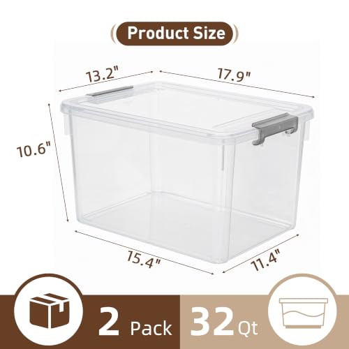 32 QT Plastic Storage Bins with Latching Lids Stackable Storage Containers for Organizing Large Clear Storage Box for Garage (2 Count)