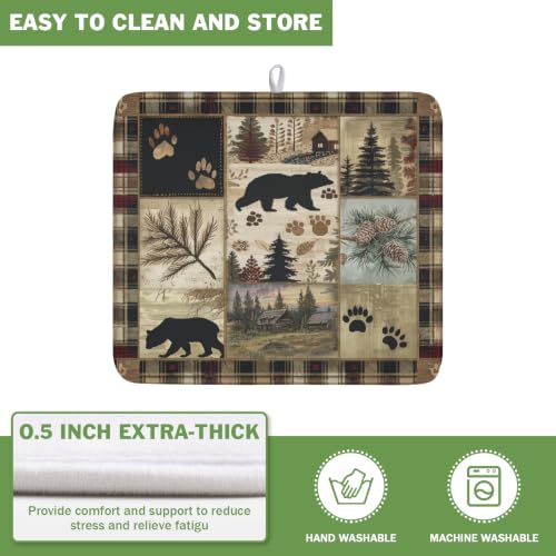Black Bear Dish Drying Mat Forest Cabin Decorative Dishes Pad 16x18 Inch Absorbent Fast Dry Dish Drainer Rack Mats for Kitchen Counter Sink