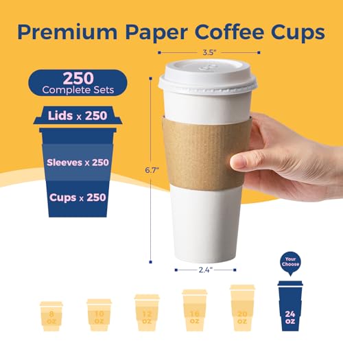250 Pack 24 oz Disposable Coffee Cups with Lids (250 Count)