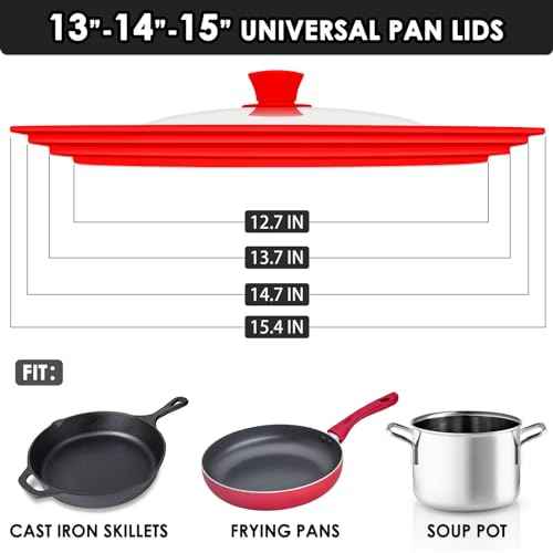 13-14-15 in Universal Pan Lid, Extra Large Silicone Pot Lid for Pots, Pans & Skillets, Replacement Frying Pan Lid with Heat Resistant Silicone Knob, Dishwasher Safe, Red