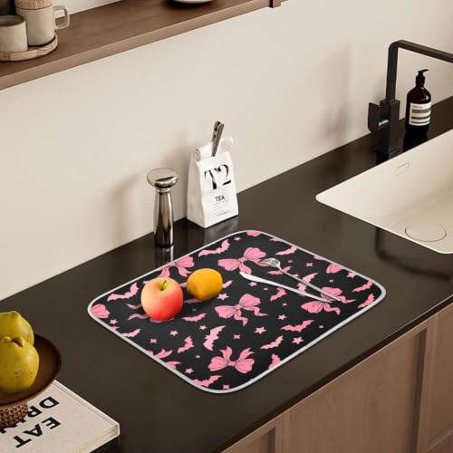 Halloween Dish Drying Mat for Kitchen Counter Absorbent Microfiber Large Drying Pad Pink Bat Bow Dish Mats for Kitchen Countertops 18 x 24 Inch
