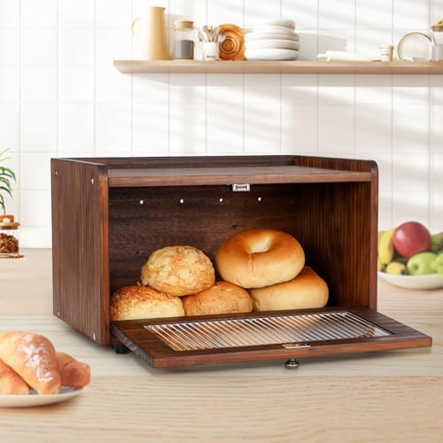 Bread Box for Kitchen Countertop Storage Wooden Breadbox Holder Container Morden Rustic Fresh Bread Keeper Farmhouse Stackable Organizer Bin for Homemade Food Shelf Acrylic Window