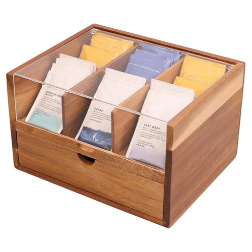 Acacia Wood Tea Organizer 2 Tier with Drawer