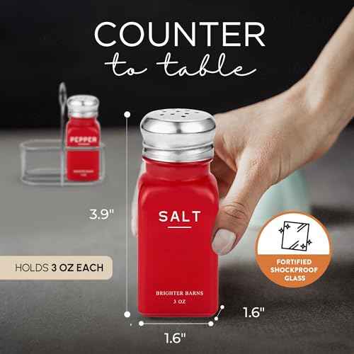 Red Salt and Pepper Shakers Set with Holder by Brighter Barns