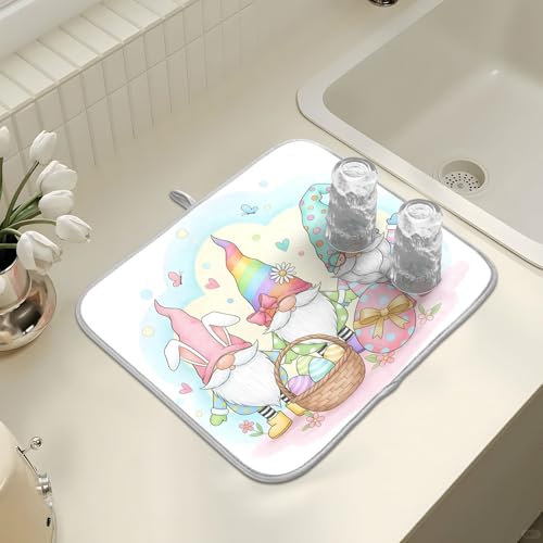 Colorful Easter Cute Gnomes Dish Drying Mat for Kitchen Counter Absorbent Microfiber Large Drying Pad Dish Mats for Kitchen Countertops 18 x 24 Inch