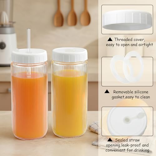 12pack Stripe 16oz Glass Juice Bottles with Lids & Straws & Juicing Recipe (10 Count)