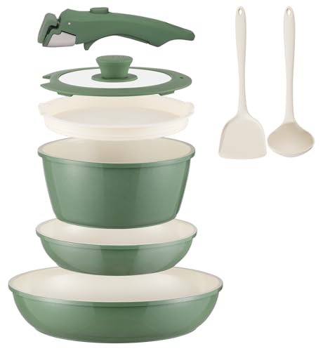 Ceramic Cookware Set Non Stick 8Pcs Pots and Pans Set Detachable Handle Induction Kitchen Cooking Set with Frying Pans Oven Dishwasher Safe
