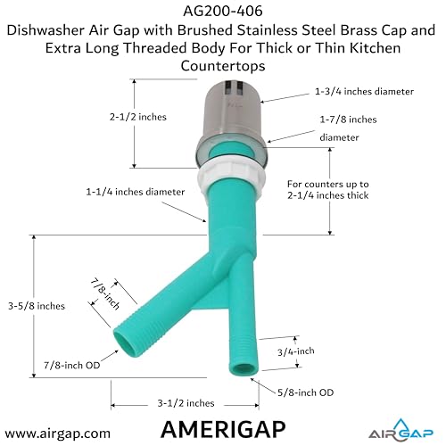 Dishwasher Air Gap with Skirted Brushed Stainless Steel Brass Cap and Extra Long Threaded Body for Thick or Thin Kitchen Countertops