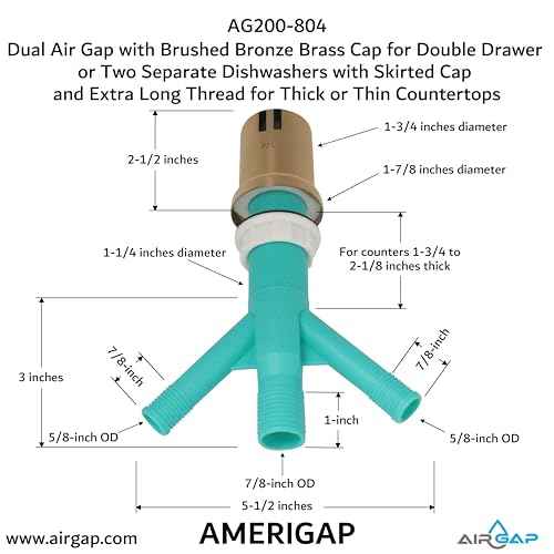 Dual Air Gap with Brushed Bronze Brass Cap for Double Drawer or Two Separate Dishwashers with Skirted Cap and Extra Long Thread for Thick or Thin Countertops