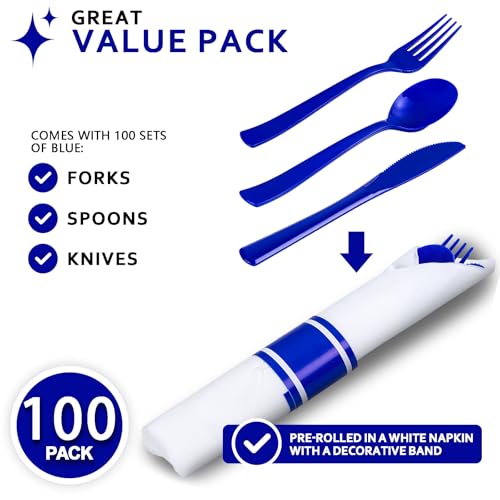 400PCS Pre Rolled Blue Plastic Silverware Set Heavy Duty for Wedding (400 Count)