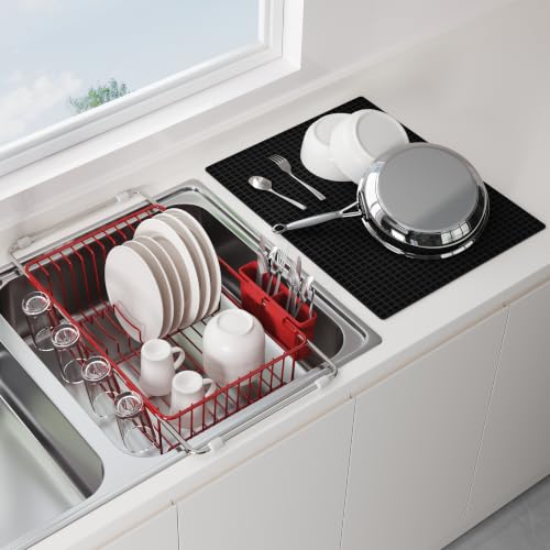 Red Dish Drying Rack in Sink with Mat