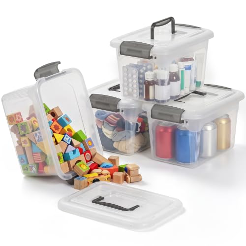 4 Packs 6 QT Storage Bins with Lids Clear Plastic Bins with Grey Handle Stackable Storage Containers for Organizing (4 Count)