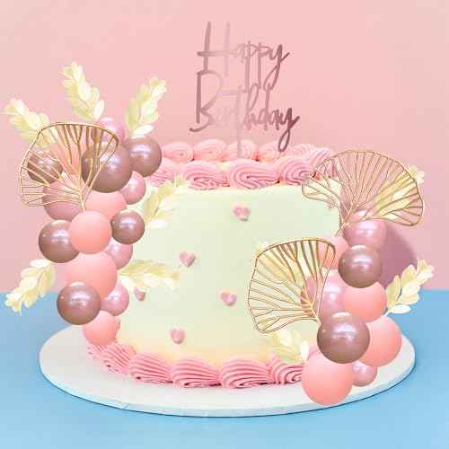 57Pcs Balls Cake Topper Boho Grass Cake topper Pearl Balls Acrylic Happy Birthday Cake Decorations for Wedding Baby Shower Birthday Boho Themed Party Supplies Rose Gold Pink (57 Count)