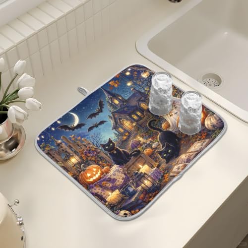 Halloween Night Scene Dish Drying Mat for Kitchen Counter Absorbent Microfiber Large Drying Pad Cats Ghost Dish Mats for Kitchen Countertops 18 x 24 Inch